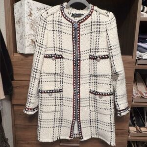 Zara Elegant White Tweed Coat with Red and Black Accents
